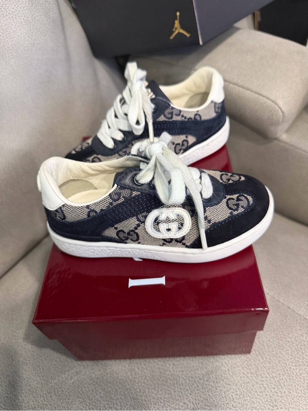 Gucci Navy and Beige GG Monogram Kids Sneakers